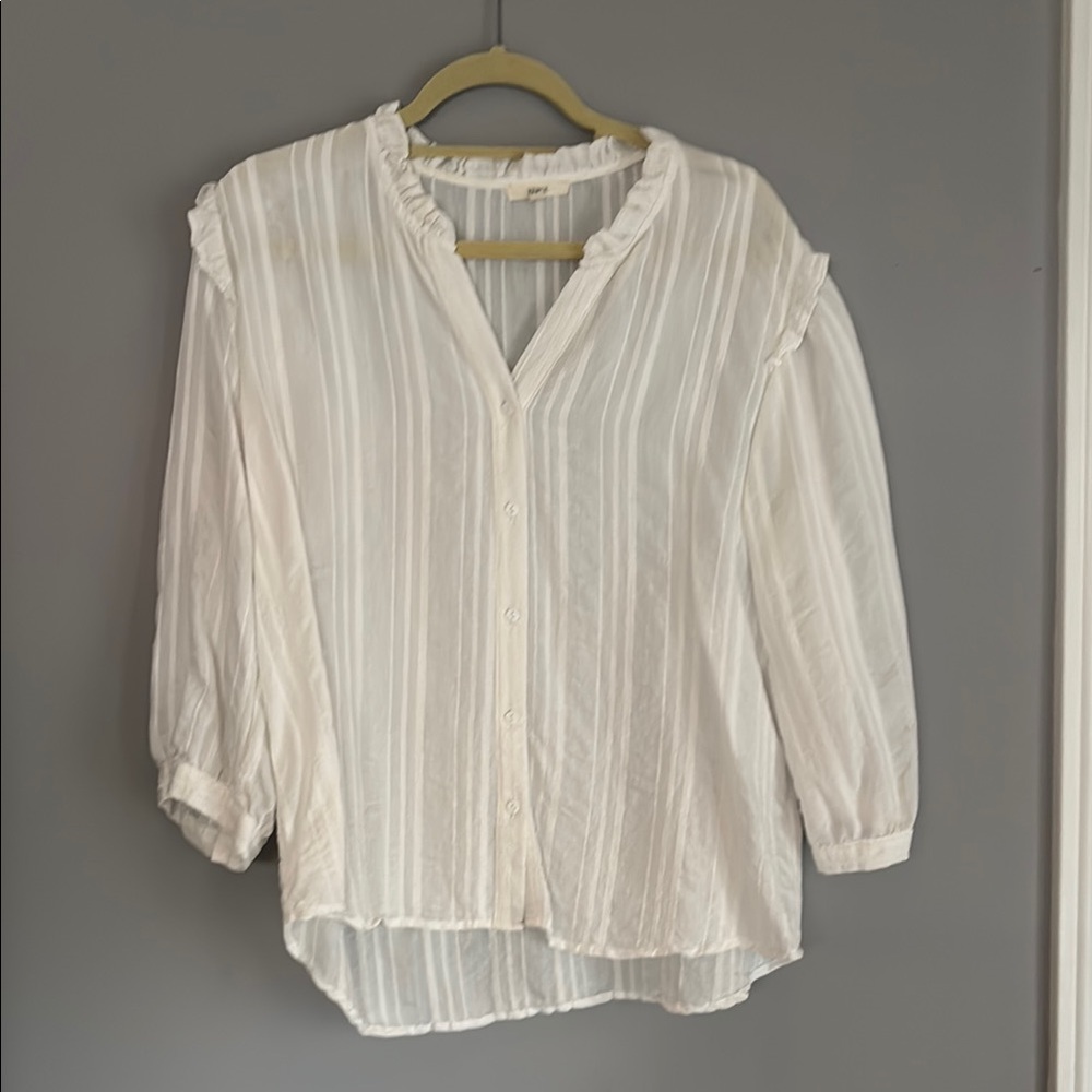 Cream Relaxed Blouse with Cuffed Sleeves and Mandarin Collar